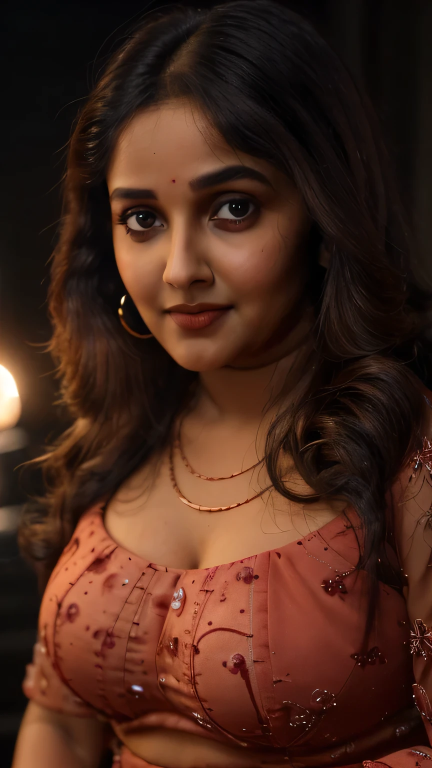 night scene, extreme close up photo of sexy wife, curvy, hourglass figure, swooping breasts, standing with torch light on road, French braid hair, necklace, Berry Red Embroidered Bridal Lehenga, sultry, seductive eyes, look at viewer and subtle smile, (cinematic:1.3), intricate details, (ArtStation:1.2)