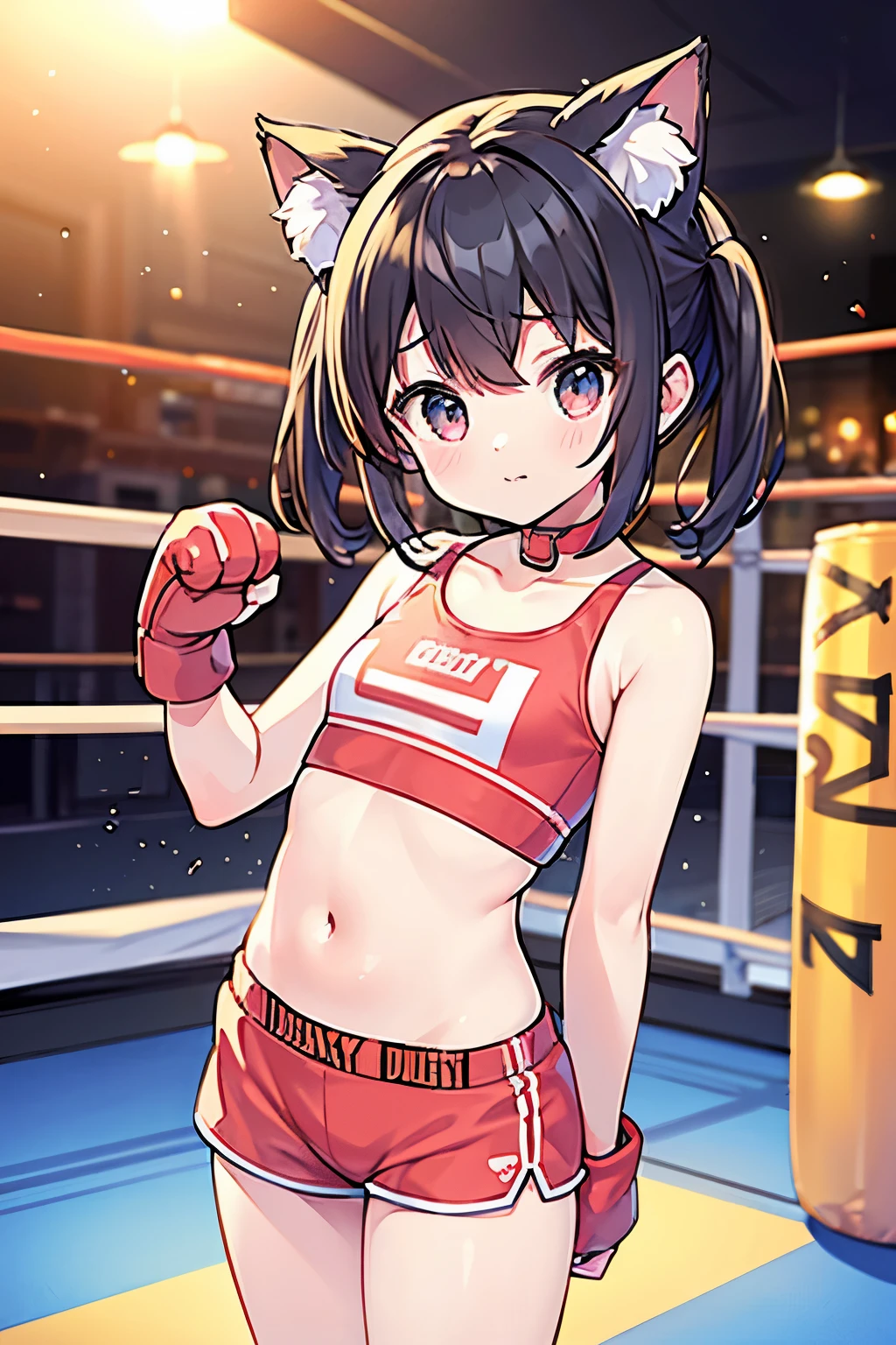 boxing、Teenage Girls、Young、(child:1.1)、belly button、cute、Shorts、boxingグローブ、Cat ear、Cat's tail