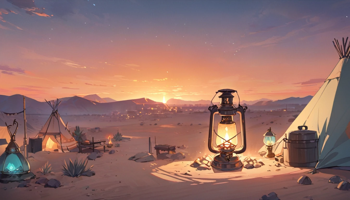 background, Desert, small town in the distance, small camp in the desert, bonfire, evening, one kerosene lamp,delicate colors