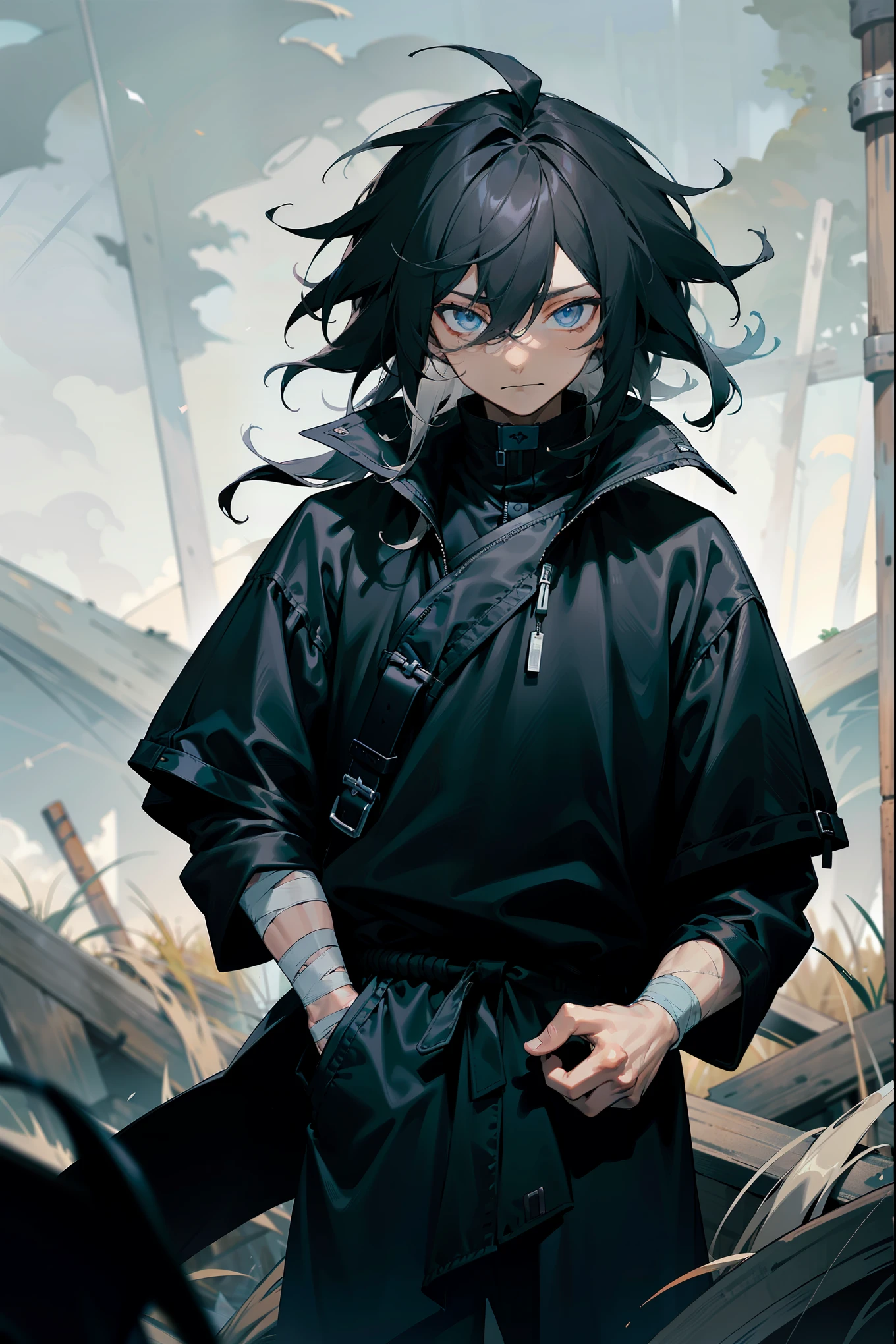 1male, tan skin, black highlighted hair, black and white hair, messy hair, wavy hair, blue eyes, uninterested expression, (dark blue oversized coat), black joggers, black undershirt, bandaged clothing, grassland background, standing on path, hands to side