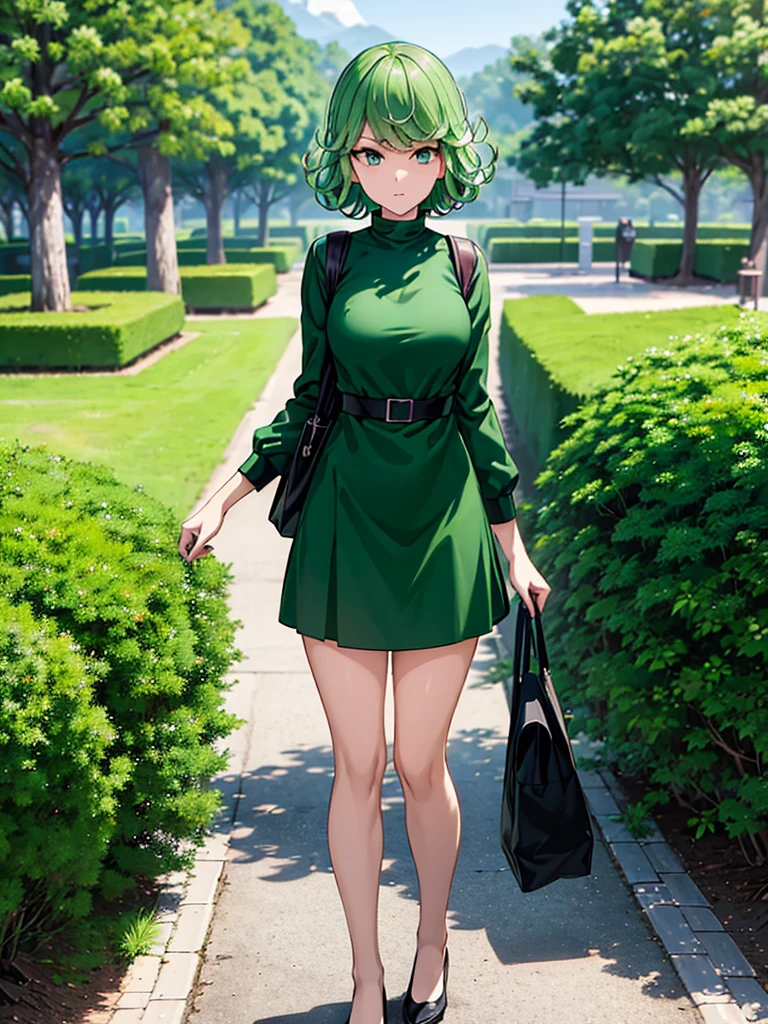 1girl Tatsumaki,  , Green Short Hair, Green Eyes, Fly, Bag, beautiful scenery, japan, Gate School, high res, ultrasharp, 8K, masterpiece, looking at viewer 