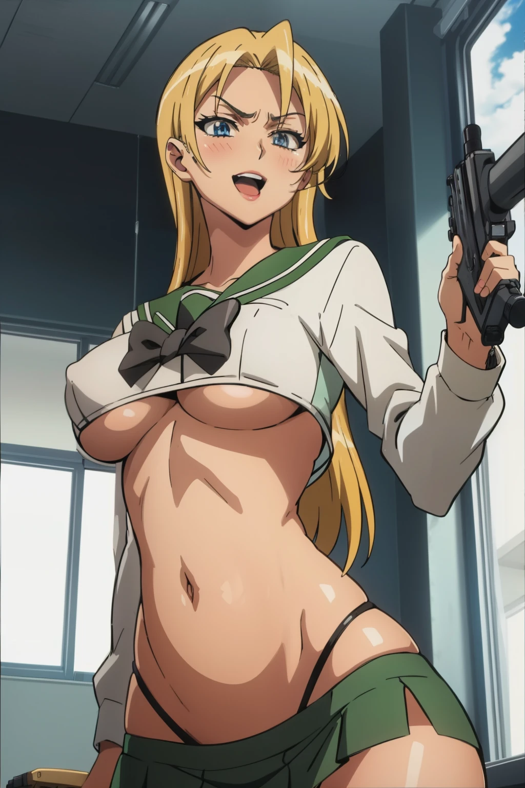  mgs3eva, platinum blonde, blue eyes, long hair,, blush, lipstick, Hot girl, baddie, staring, glaring, bad attitude, mean girl, crazy, smoking, sensual, attractive, masterpiece, best quality, highly detailed, a anime girls in sailor uniforms with a gun posing for a picture,
evil smile, smile, open mouth,black_serafuku, ecchi anime style, anime girls , (nsfw) not safe for work,
ecchi style, ecchi, shipgirls, digital anime art!!, high school girls, holding a gun, hold a gun, anime style 4
k, micro skirt, exposed belly, exposed navel, exposed midriff, holding pistol,underboob,
exposed lower belly,school, classroom