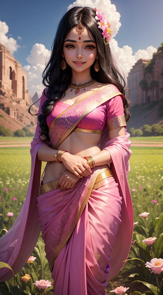 Beautiful indian girl black hair smile face dream full eyes come form heaven pink saree,flower field background nurturescape midnight ultra realistic 8k