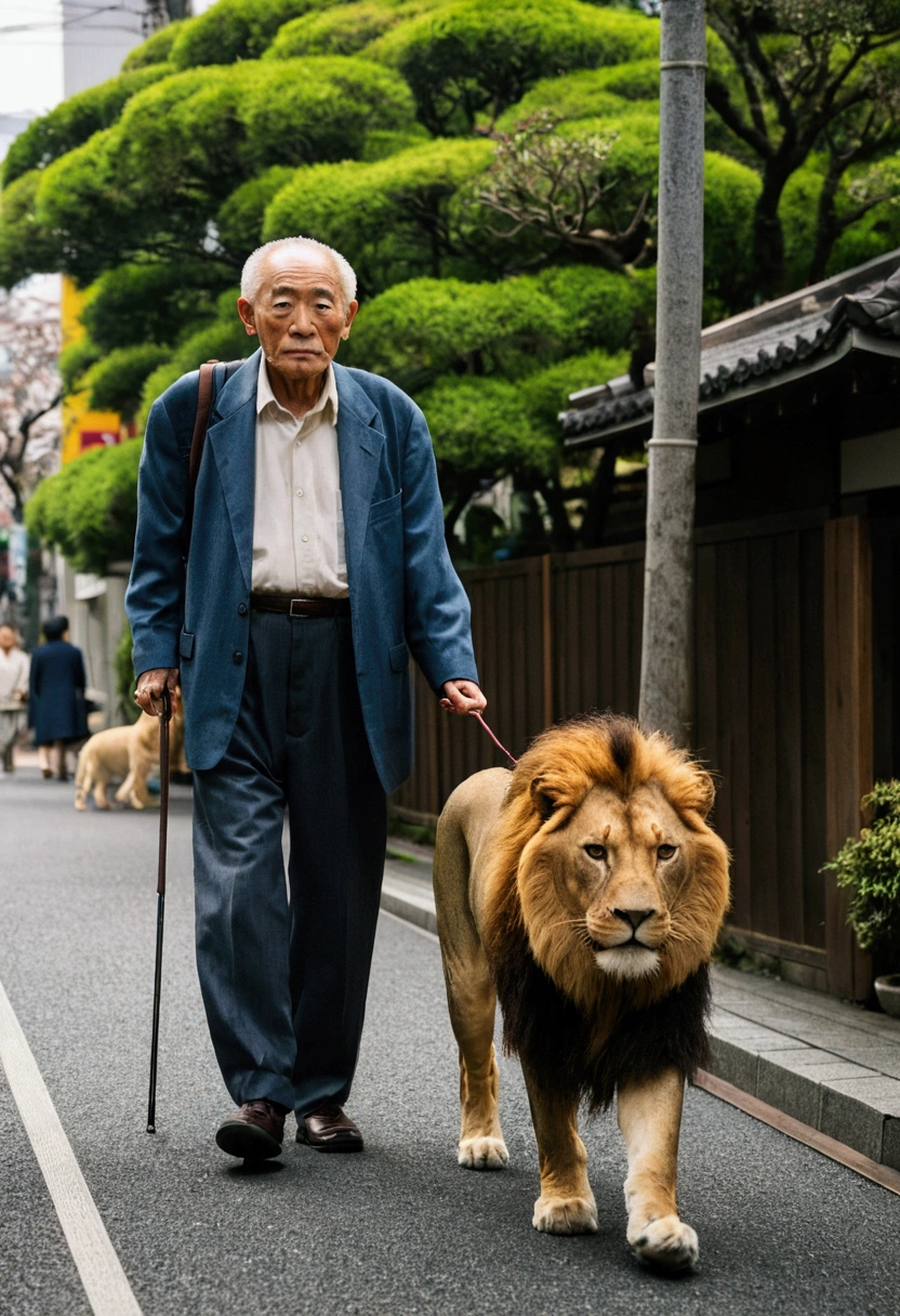An old man walking his dog and lion in Tokyo