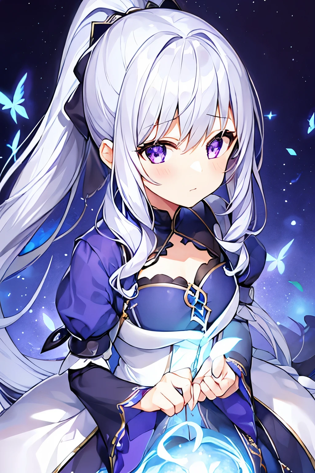 1 girl、Silver Hair、ponytail、Fantasy、witch、Blue clothes、Purple decoration、accessories