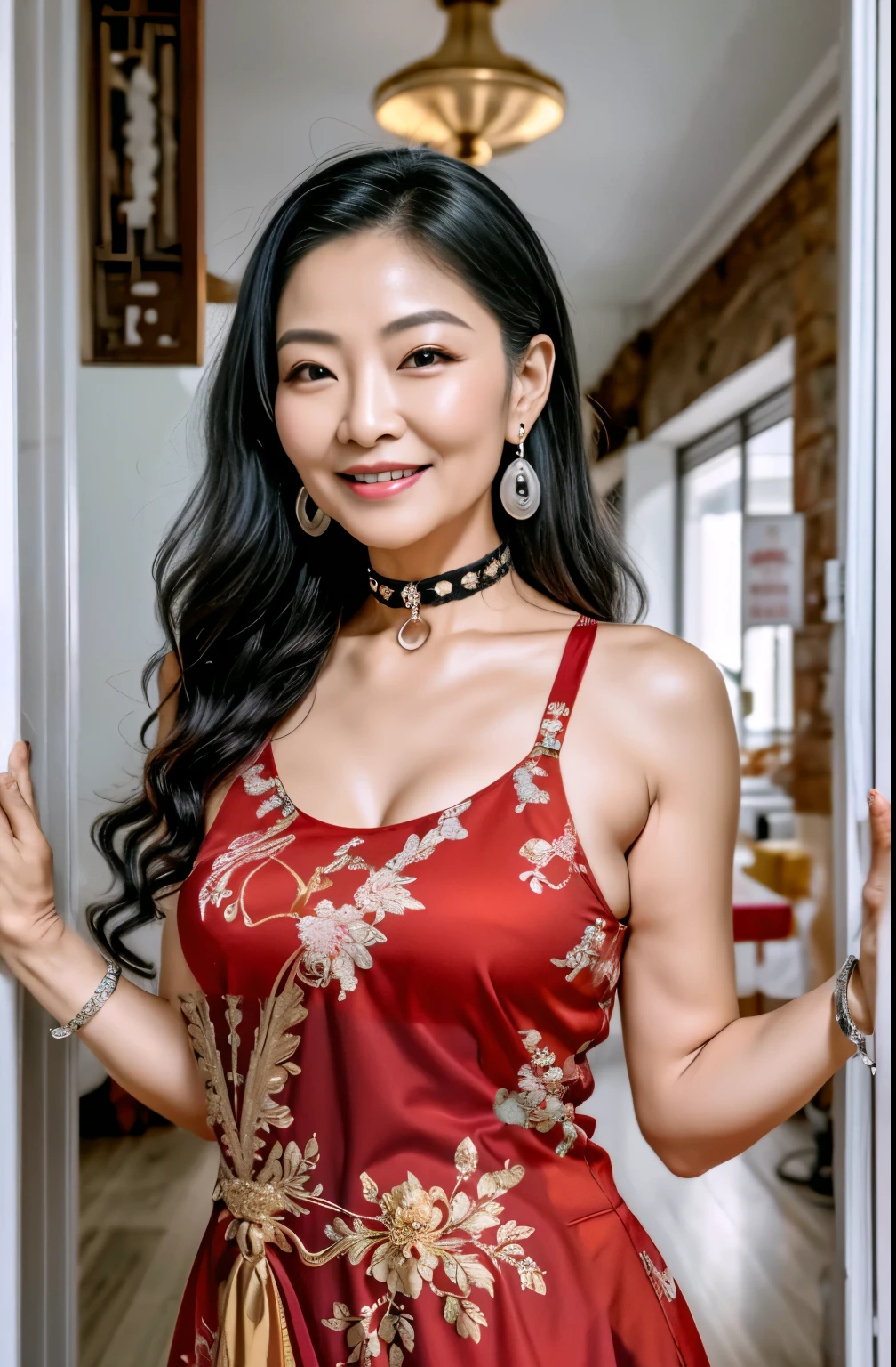 75 years old　mom　milf　Chinese Lady　large earring　Big choker　navel piercing decoration　A bracelet　Silver Hair　realisitic　Gorgeous Madame Beautiful Mature Woman　sexly　Smile　Gentle woman navel piercing　４K　High quality gorgeous madam beautiful mature woman