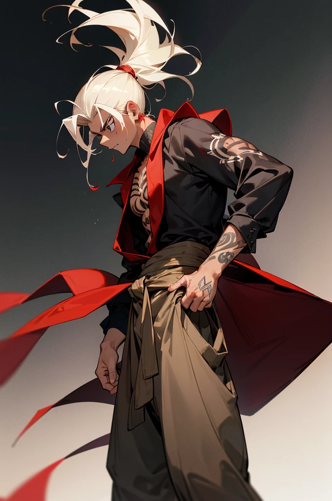 1male, tan skin, white spiked slickback hair, black eyes, serious expression, black baggy joggers, red cloth belt, tattoos, shirt tied around waist, foggy background detailed face, hands to side, hands to side