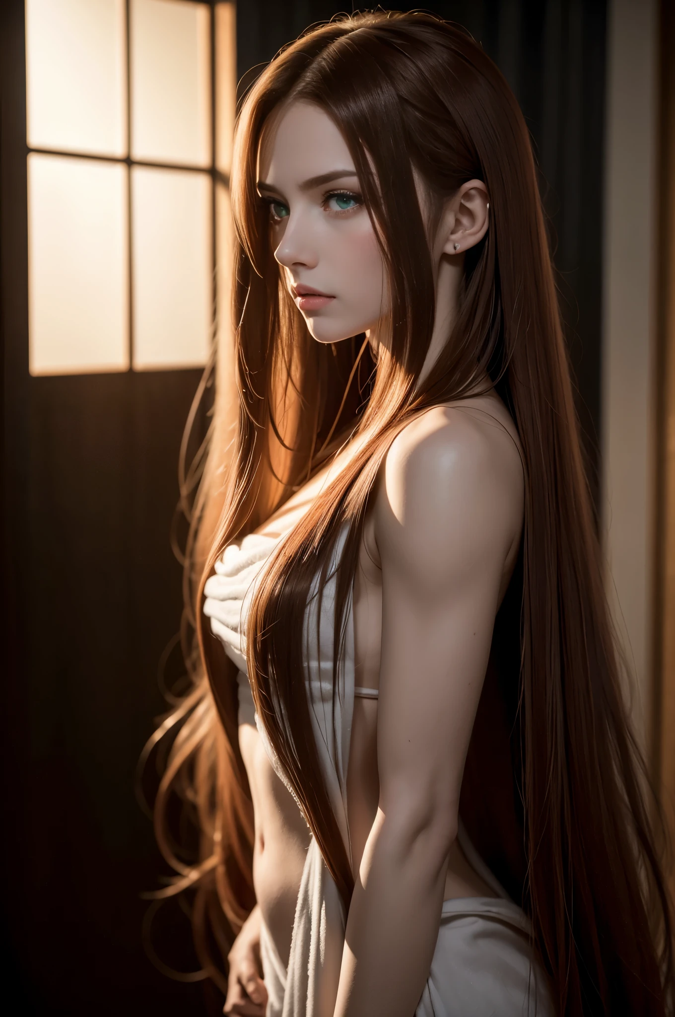 A very long straight silky red haired sweden girl, bang, green eyes, 20 years old, young, pale skin, Ultra high res, uhd, (photorealistic:1.4), mons veneris from the side, doll-like face, in a dark room dramatic lighting, shy,  full body shot, side view, a towel wrapping around her body,