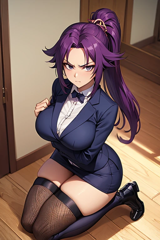 Super-detailed, 8k HD, Yoruichi Shihouin, 1 girl, solo, beautiful and detailed face, detailed hand, long pony tail purple hair, slender hips, thick thighs, huge and droopy breast, huge round ass, black office suit and mini skirt, cravat, fishnet thigh high stocking, in the hallway, serious face, kneeling on the floor in front of the viewer, look up, facing viewer, point of view from above