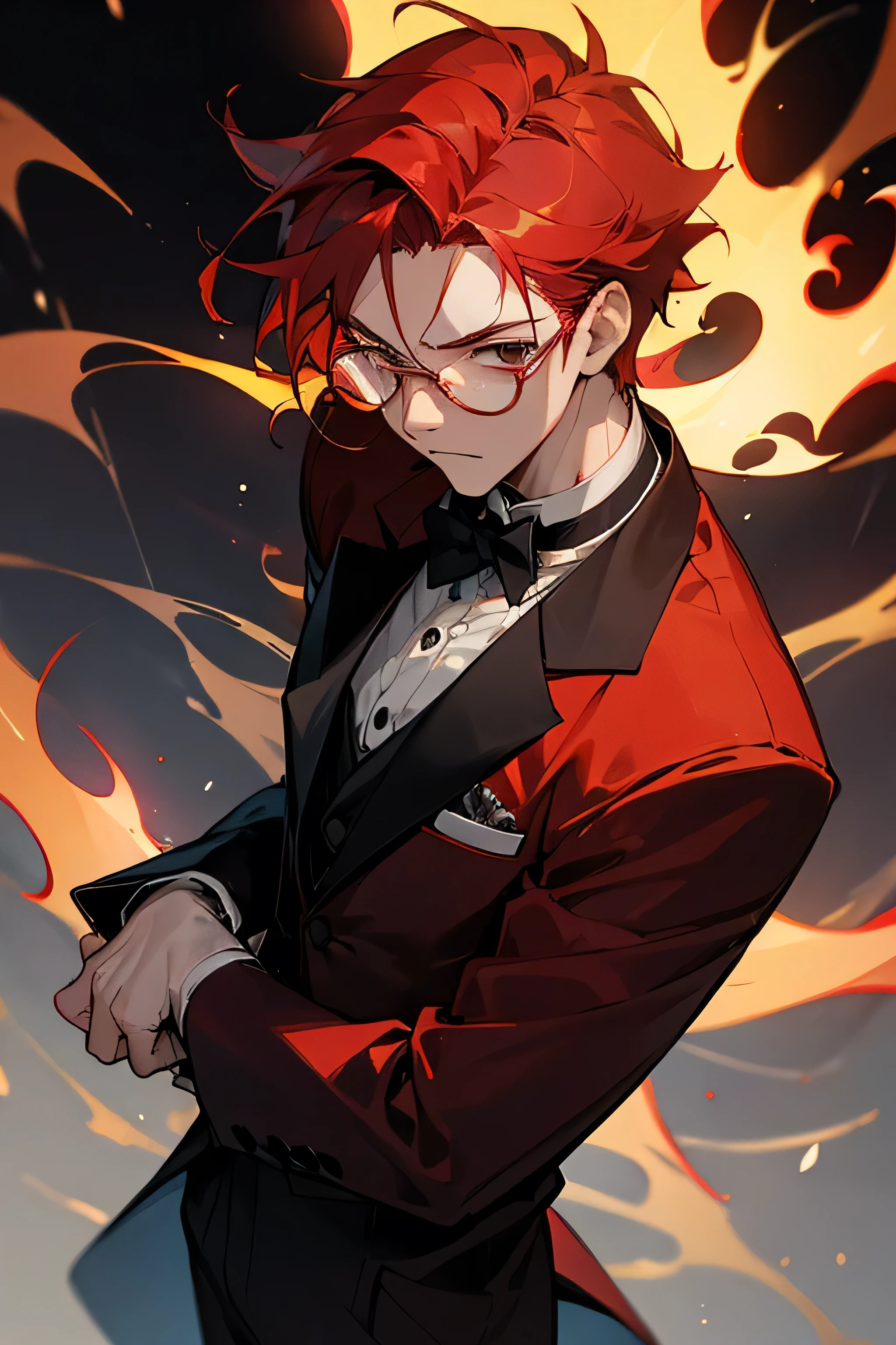 ((best quality)), ((masterpiece)), (detailed), 1boy, red butler suit, red hair, cold look, not smiling, glasses, flames background