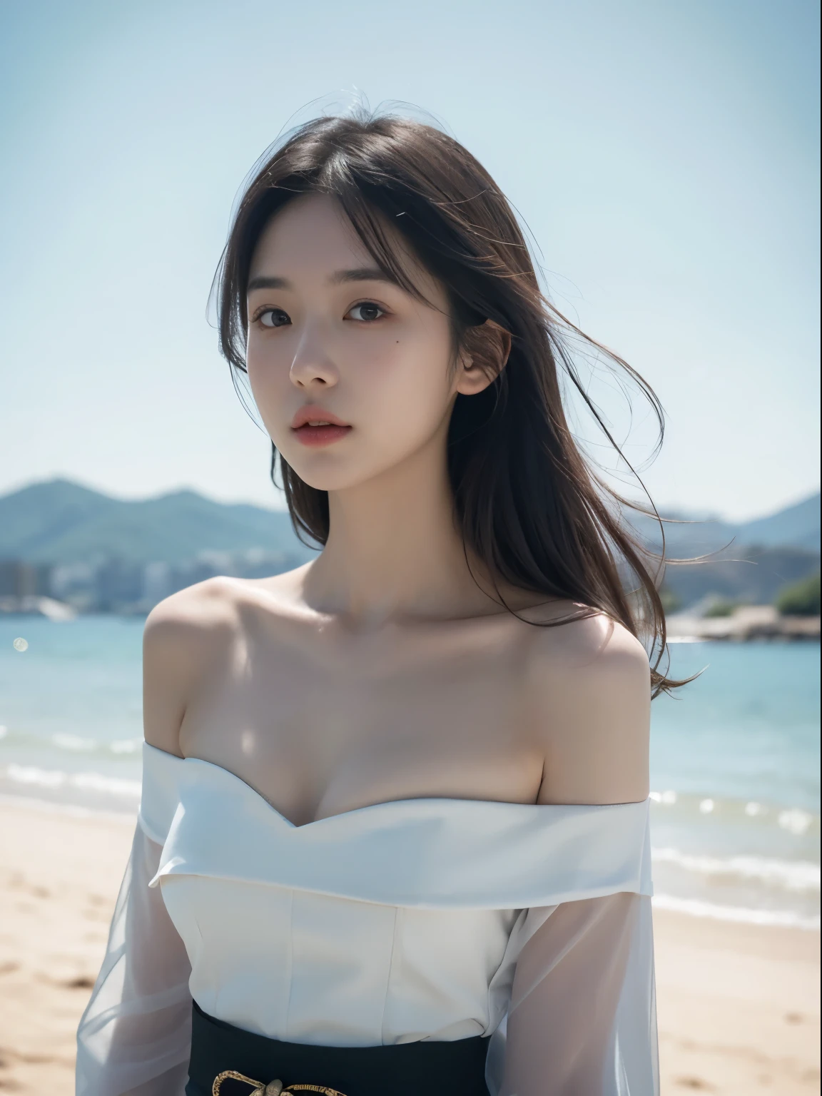 (8k, Top quality, Masterpiece:1.2), (Realistic, photo-realistic:1.37), Super detailed, perfect anatomy, cute, small eyes, 18 years old, a Japanese, girl, off shoulder, cleavage, large breast, blue sky,