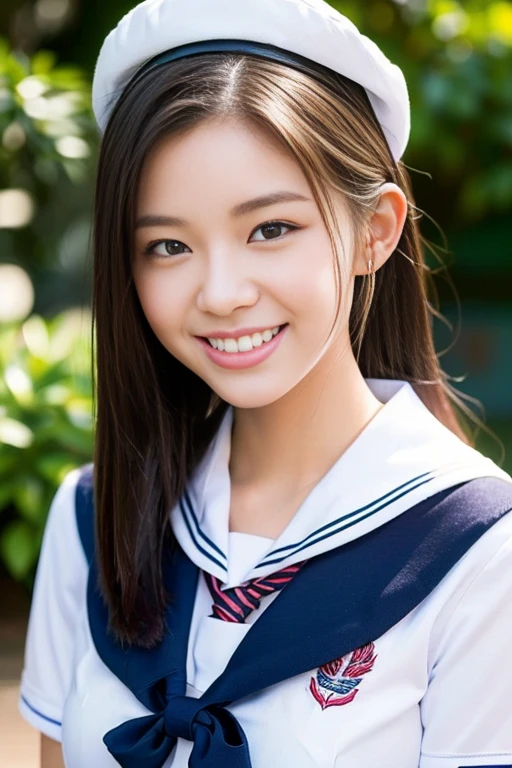 ((((full bodyesbian)))、((Girls' High School Uniforms))、((１a person)), serafuku, seifuju, RED ribbon tie/bow, Sailor Uniform, JK Uniform, white tight shirt, sailor hat, ponytail、bob hair、hands on hip, Close to the subject、((Botanical Gardens))、(((smile)))、(((Girls' High School)))、((a beautiful girl))、((natural pose))、Photorealistic、fair skin, Beautiful detailed face, Beautiful detailed eyes、Hyper-Realism、high contrast、Ultra HD、realistic skin textures、Top image quality、top-quality、超A high resolution、Fine details、Very meticulously、ample round bosom, healthy body proportion, high_angle_shot, full_body_shot, bokeh background)