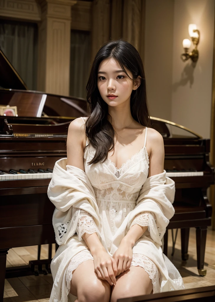 (1 female)、Highest quality、masterpiece、Ultra-high resolution、(Photographic realism:1.4)、Original photo,there is a woman that is playing a ピアノin a room, playing piano, orchestra, Members of the music troupe、Philharmonic、Standing in a beautiful and bold lace dress、straight, Black Hair、Delicate hair details、In front of a large audience, Beautiful Asian Girl, serenity and elegance, Great composition,