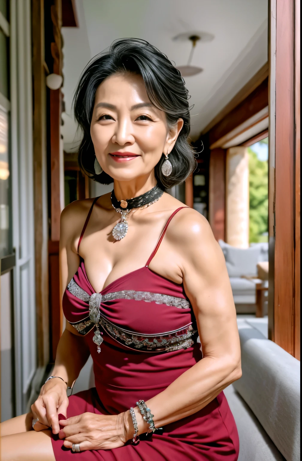 Gorgeous Madam Beautiful Mature Woman 75 years old mom milf Chinese Lady large earring Big choker navel piercing decoration A bracelet Silver Hair realisitic Gorgeous Madame Beautiful Mature Woman sexly Smile Gentle woman navel piercing 4K High quality training gym athlete Sports bra