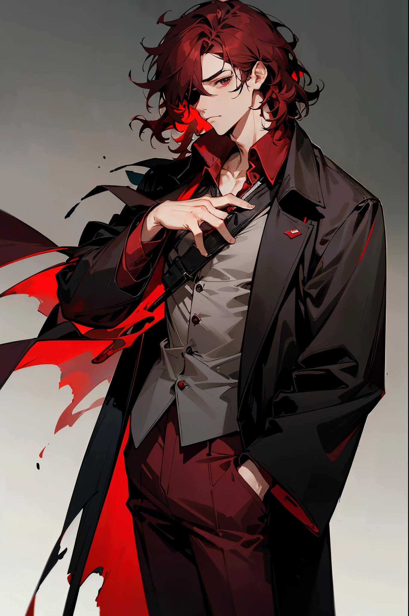 1male, dark red hair, messy wavy hair, short hair, black medical eyepatch, calm expression, black overcoat, red undershirt, red pants, foggy background, detailed face, hands to side, standing on path