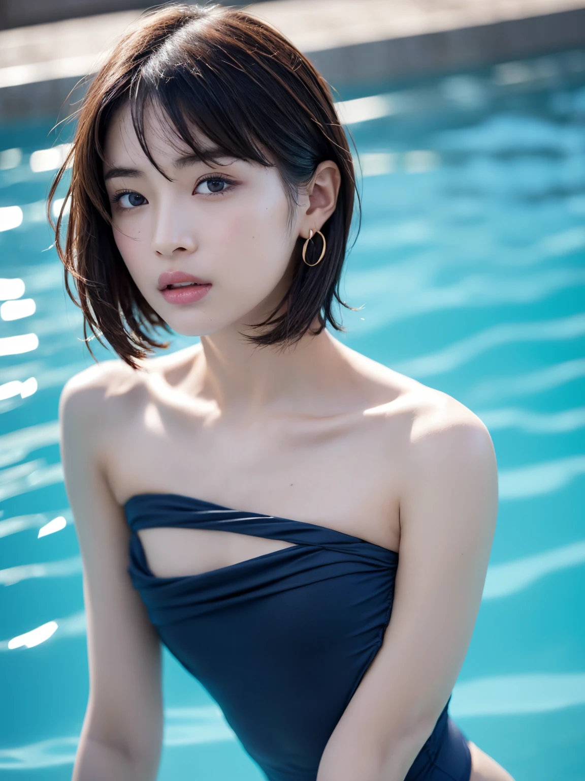 (masterpiece:1.2), Very detailed, Ultra-high resolution, (Realistic, photo Realistic:1.6), High-resolution RAW color photos, Professional photos, Dramatic lighting, Sensual movie scene、Sharp focus:1.2, (Very detailed顔と肌の質感, Very beautiful eyes, Glossのある肌, Glowing Skin, Glowing Skin, Shining Face, Gloss, Oily skin, greasy face, Oily skin, greasy face,), Perfect Anatomy, Very detailed背景,((In the pool)), 1 female, 25-year-old woman, Japanese women,(Short Bob Hair, Straight hair, bangs:1.3, Brown Hair), (Flat Chest:1.7), (real Glossのある肌 texture),(((Dark navy strapless one-piece swimsuit、Japanese School Swimsuit)))、Earrings