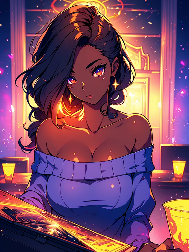 Upper body shot, ((beautiful woman with flawless dark skin)), long hair with gradient glow,electric colors, clearly defined facial features, big detailed eyes, ((( wearing an off the shoulder sweater))) glowing in the background, masterpiece, best high quality image,96k, uhd, depth of field, 1080P wallpaper, spotlight, character focus, high quality, insanely detailed, ray tracing ,UHD picture quality in the style of Amy Sol