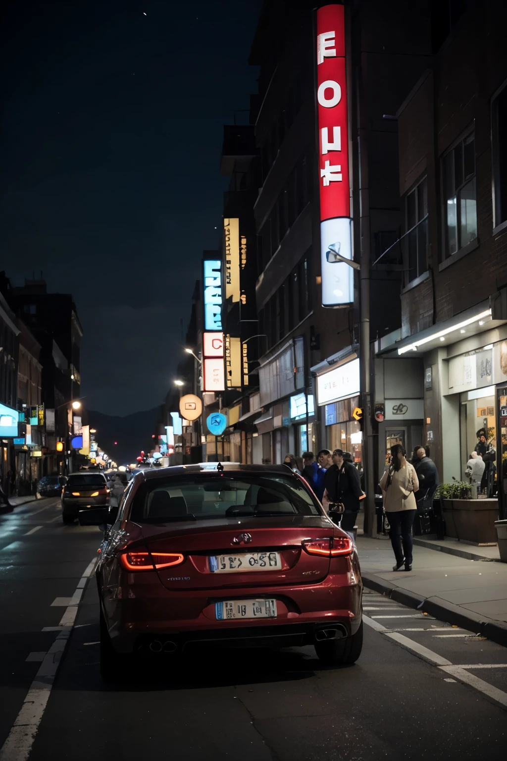 a car driving through the city at night
