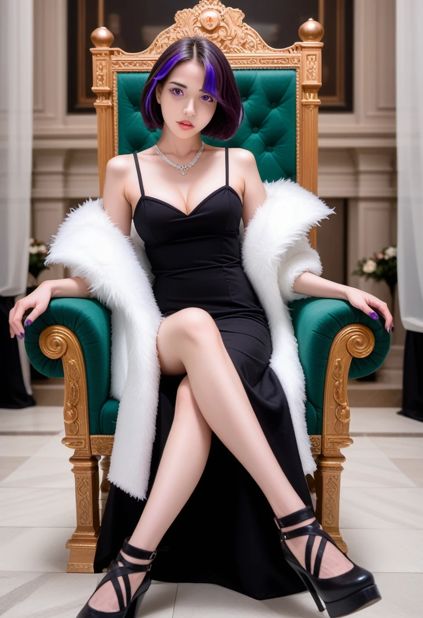 cinematic film still 1girl,photograph score 9, 3D anime style, realistic, sitting, breasts, dress, looking at viewer, solo, throne, short hair, black hair, purple eyes, boots, jewelry, fur trim, medium breasts, cleavage, purple hair, chair, lips, bare shoulders, artist name, parted lips, crossed legs, black dress, necklace, fur coat, high heels, curtains, off shoulder, 50mm. cinematic 4k epic detailed 4k epic detailed photograph shot on kodak detailed cinematic hbo dark moody, 35mm photo, grainy, vignette, vintage, Kodachrome, Lomography, stained, highly detailed, found footage, housume, ankle boots, purple nails, multicolored hair, off-shoulder dress, shoes, coat, streaked hair, high collar, signature, bob cut, no bra,score_8_up, score_7_up //((anextremelydelicateandbeautiful)),dynamicangle,floating,(detailedlight)panorama, vivid colors, realistic style,(dynamic poses:1.4),rich visual hierarchy, medium shot, realistic style, delicate details,Natural lighting, subdued and diffuse. shallow depth of field, vignette, highly detailed, high budget, bokeh, cinemascope, moody, epic, gorgeous, film grain, grainy, transparent, deep vibrant color, inspired, rich detail, intricate original, saturated, beautiful, shiny, amazing, brilliant, spectacular, creative, positive, awesome, perfect, pure, fine, stunning, flawless, extremely aesthetic, great, luxury, precious, marvelous, splendid, illuminated, dazzling, fabulous, breathtaking, lovely, outstanding, glorious, atmosphere, light, shining, illuminating, imposing, incredible