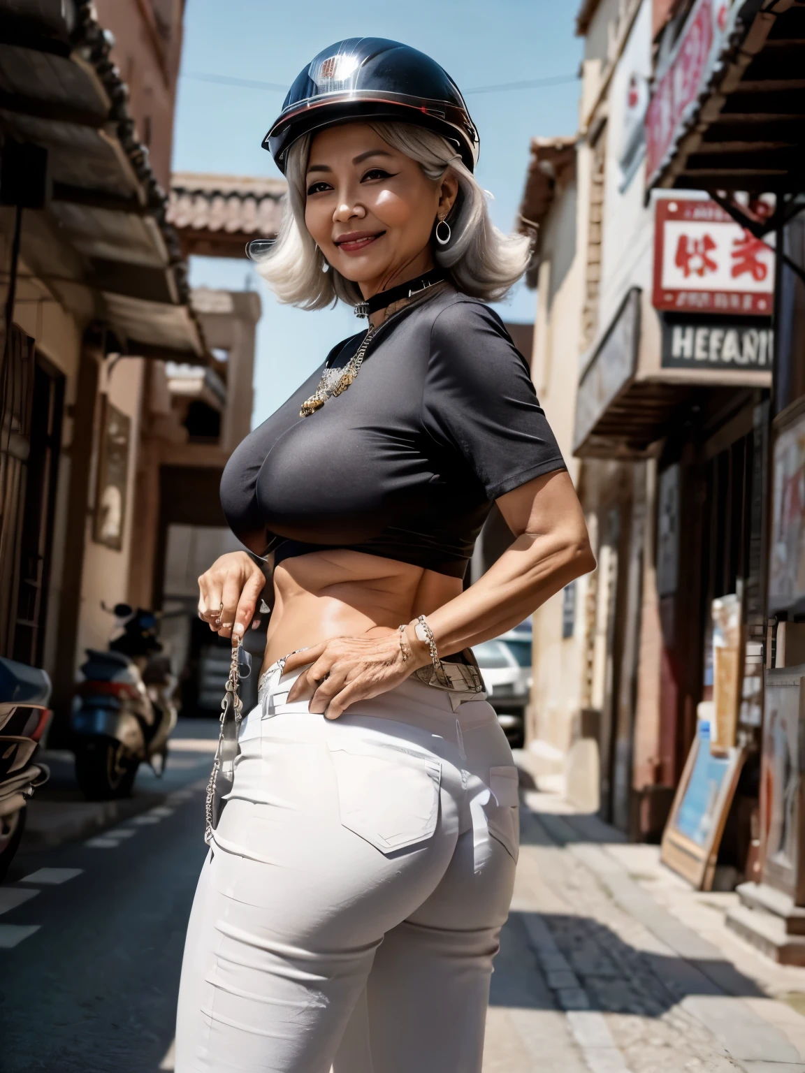 75 years old　mom　milf　Chinese Lady　large earring　Big choker　navel piercing decoration　A bracelet　Silver Hair　realisitic　Gorgeous Madame Beautiful Mature Woman　sexly　Smile　Gentle woman navel piercing　４K　High quality gorgeous madam beautiful mature woman