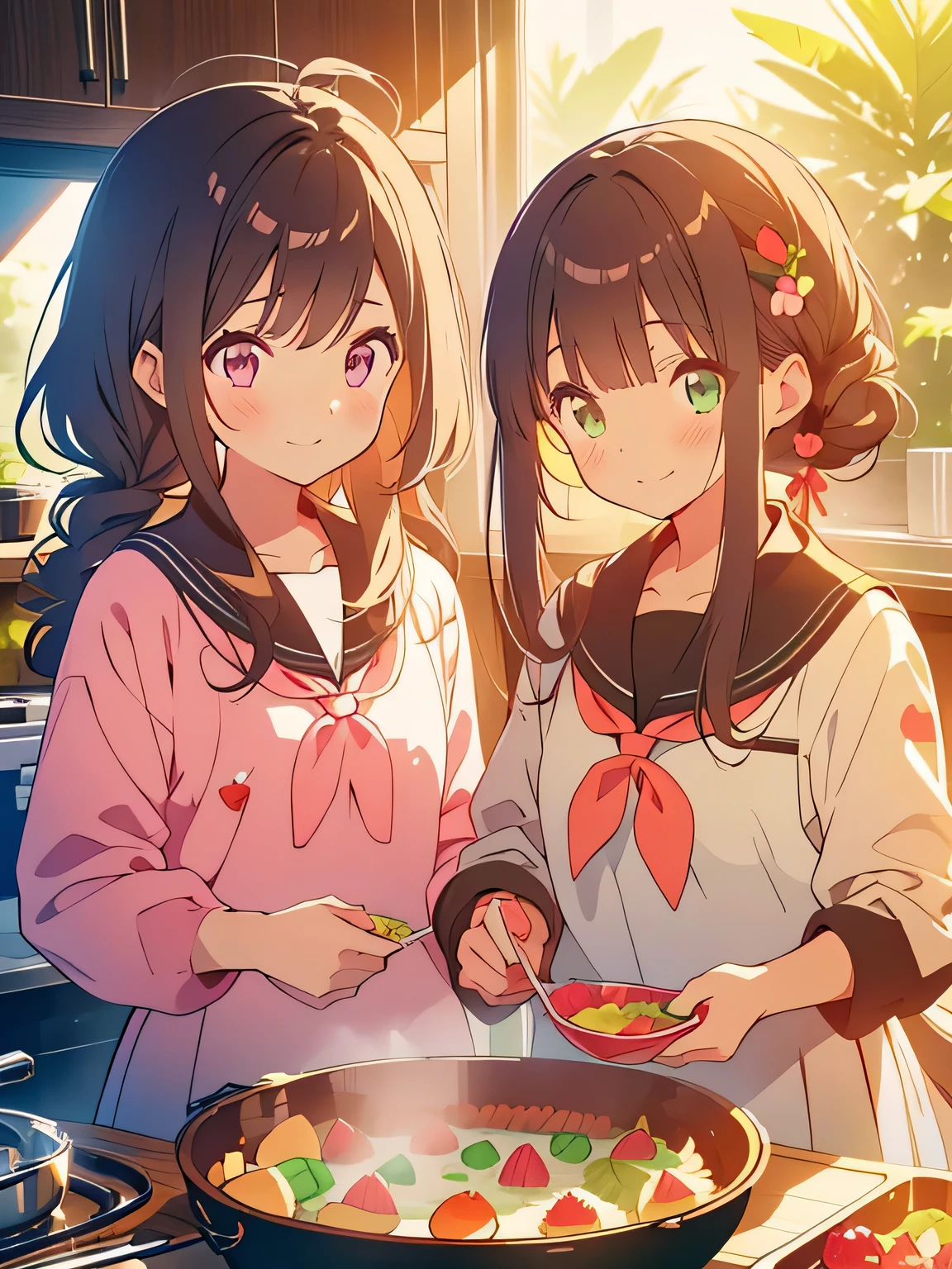 kawaii, anime, Cute, hyper quality, highly detailed, 16k, nature background, one brown bird, highlight, Front facing, Clarity, smile, hair accessory, two girls cooking in the kitchen, two girls, pastel colour, pale colors, smile, Kiwi fruit, one's home, uniform, upper body, Shortcake, A good friend, sweets, sweets, juice, green eyes, dark brown long straight hair, making sweets, strawberry, fruits, junior high school girl, cookie, kiwi, pink eyes, pink long straight hair,