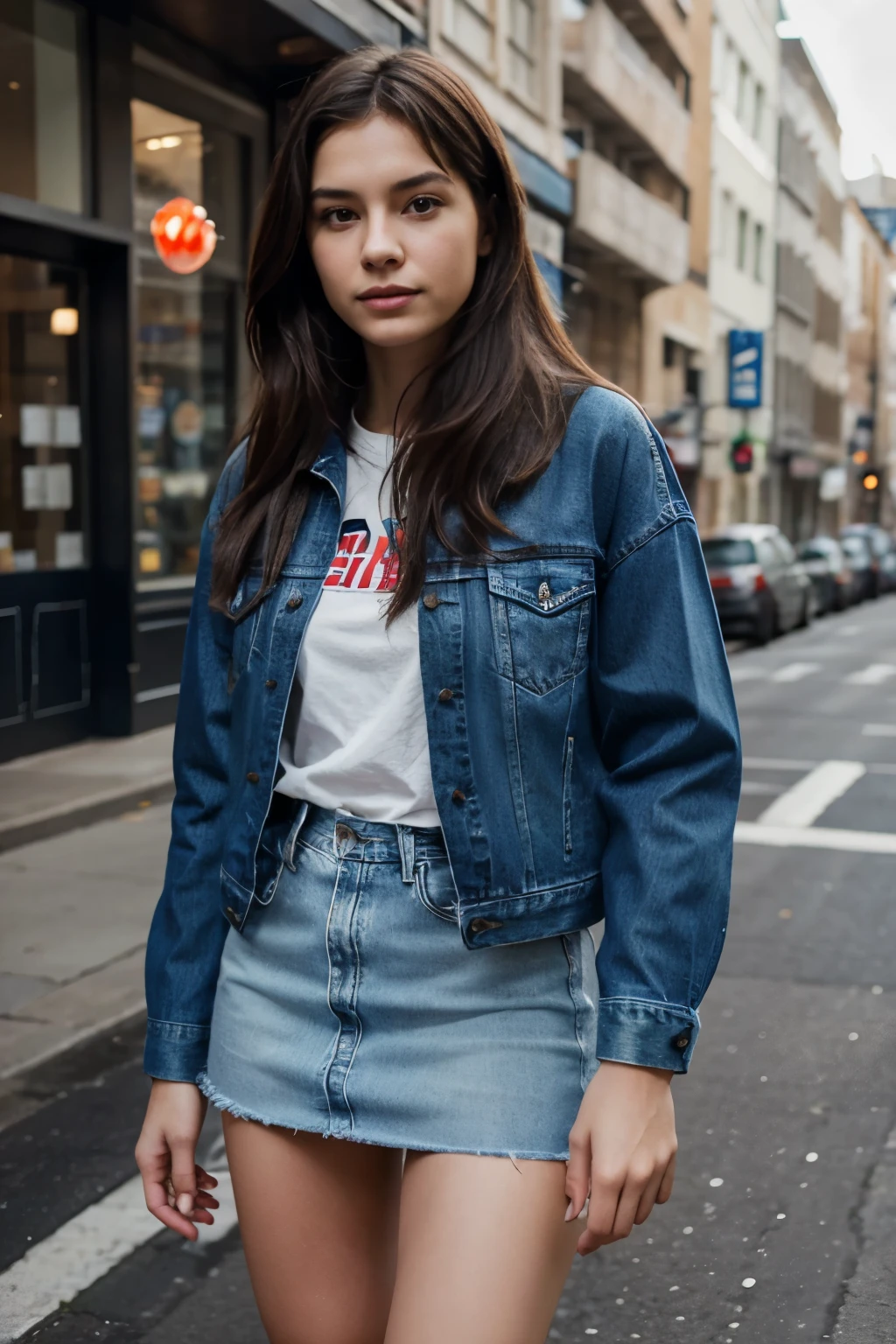 Generate a realistic, human-captured image of a person wearing a denim jacket paired with a jean skirt.