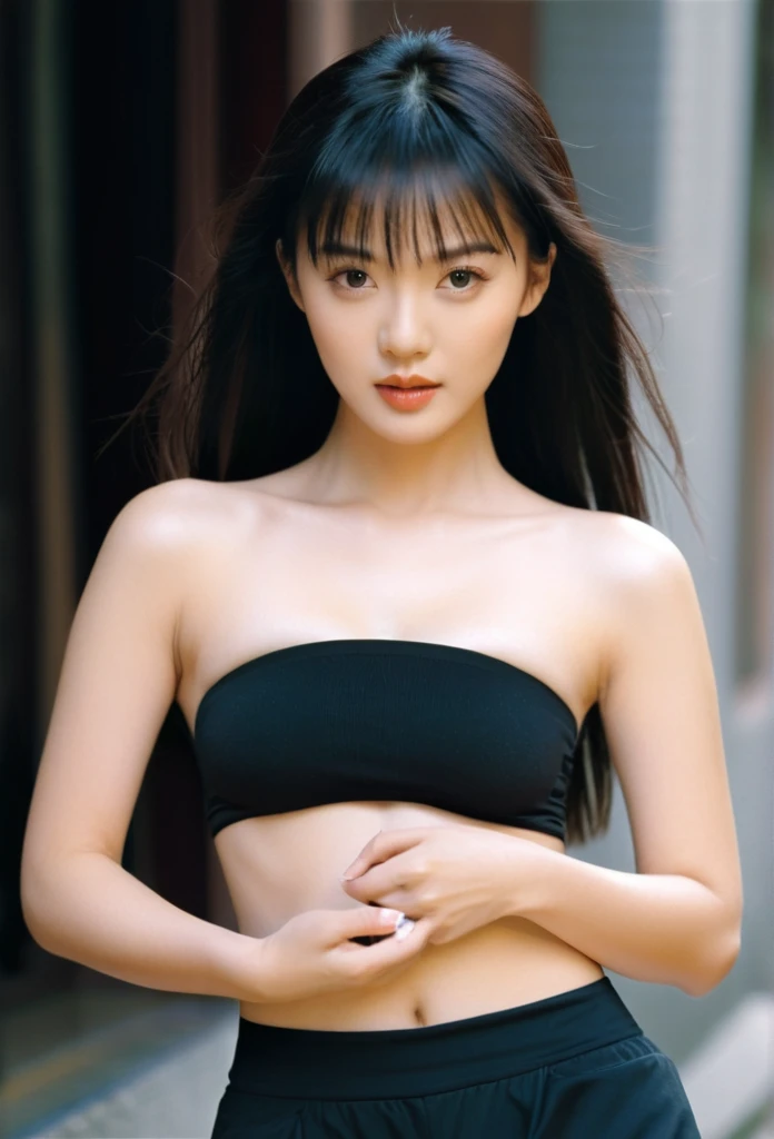 close-up of beautiful Chinese-Hongkong, Teresa Mak is a Chinese-Hongkong actress and model, Shan is a female character Street of Fury 1996 Chinese-Hongkong action movie, age 20 years old girl, youthful face, white skin body, perfect body, very rapunzel long hair, standard black hair, her hair is very straight and smooth, flat bangs cut, bust size 36 inches, wearing a plain standard deep black strapless tube top, wearing a tight plain standard deep black seamless spandex boyshort pant short leggings, Shan holding breasts with her own two hands is very sexy and sigh, Shan squeezes the breasts very seductively, Shan’s clothes were cut off by boyfriend using scissors from the tank top to the tube top to make Shan sigh and tease, strand by strand Shan’s clothes fell because they had been cut, the rest of Shan’s clothes were scattered at the bottom because they had been cut, Shan’s clothes showed off her breasts because they were cut off by male soldiers so that they looked more sexy and seductive, I held my hair delicately, then I held the scissors in my right hand, Shan's bangs were cut by her boyfriend using a scissor tool, strand by strand Shan's bangs fell down, now Shan's has a neat cut bangs because it was cut by her boyfriend, sexy looking pose, pose a naughty look, pose looks seductive, at a boyfriend bedroom, boyfriend bedroom background, UHD