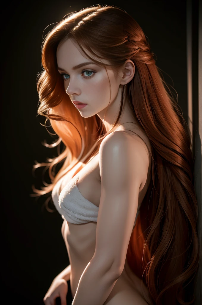 A very long straight silky red haired sweden girl, bang, green eyes, 20 years old, young, pale skin, Ultra high res, uhd, (photorealistic:1.4), mons veneris from the side, doll-like face, in a dark room dramatic lighting, shy, full body shot, side view, a towel wrapping around her body,