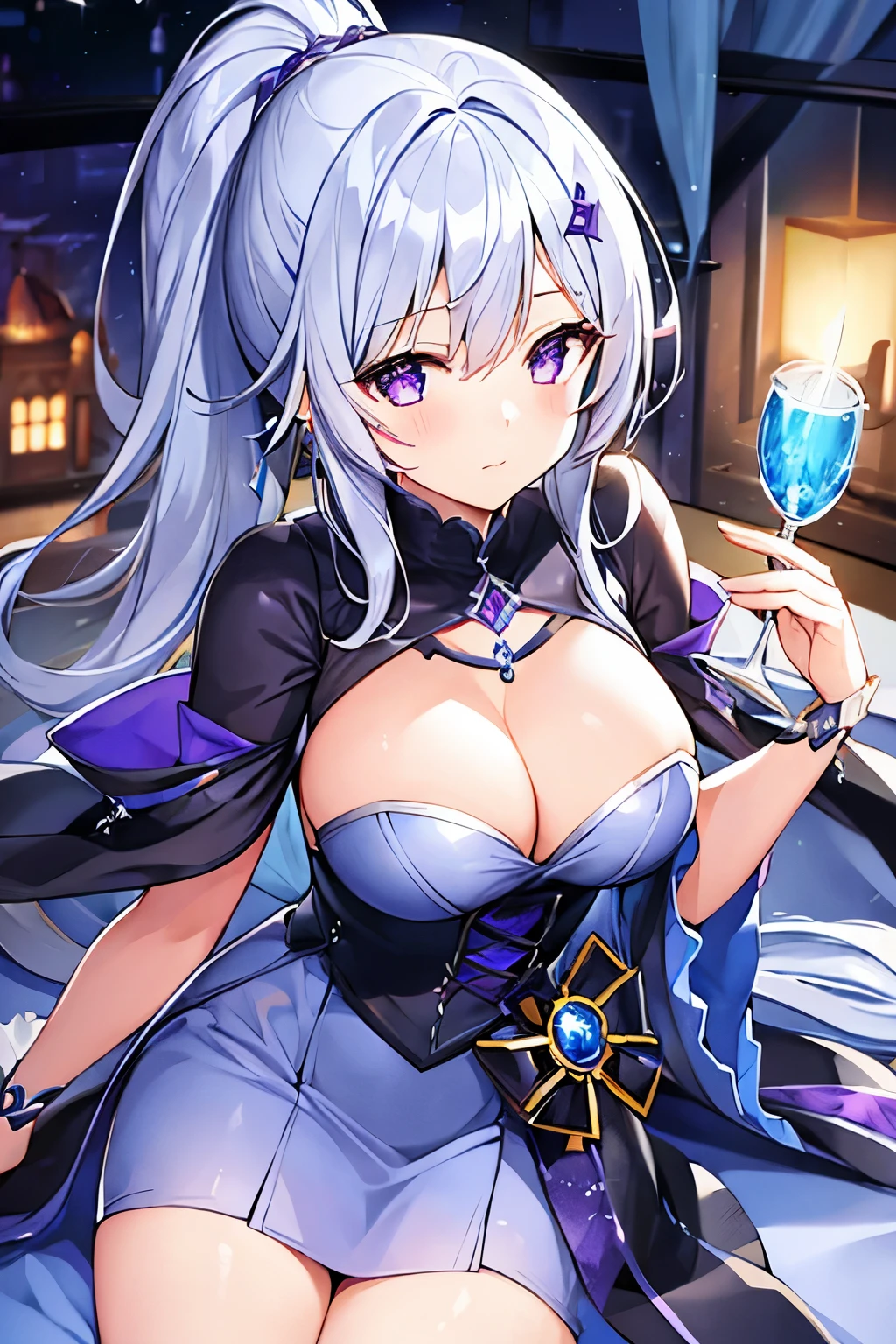 1 girl、Silver Hair、ponytail、Fantasy、witch、Blue clothes、Purple decoration、accessories、Villain