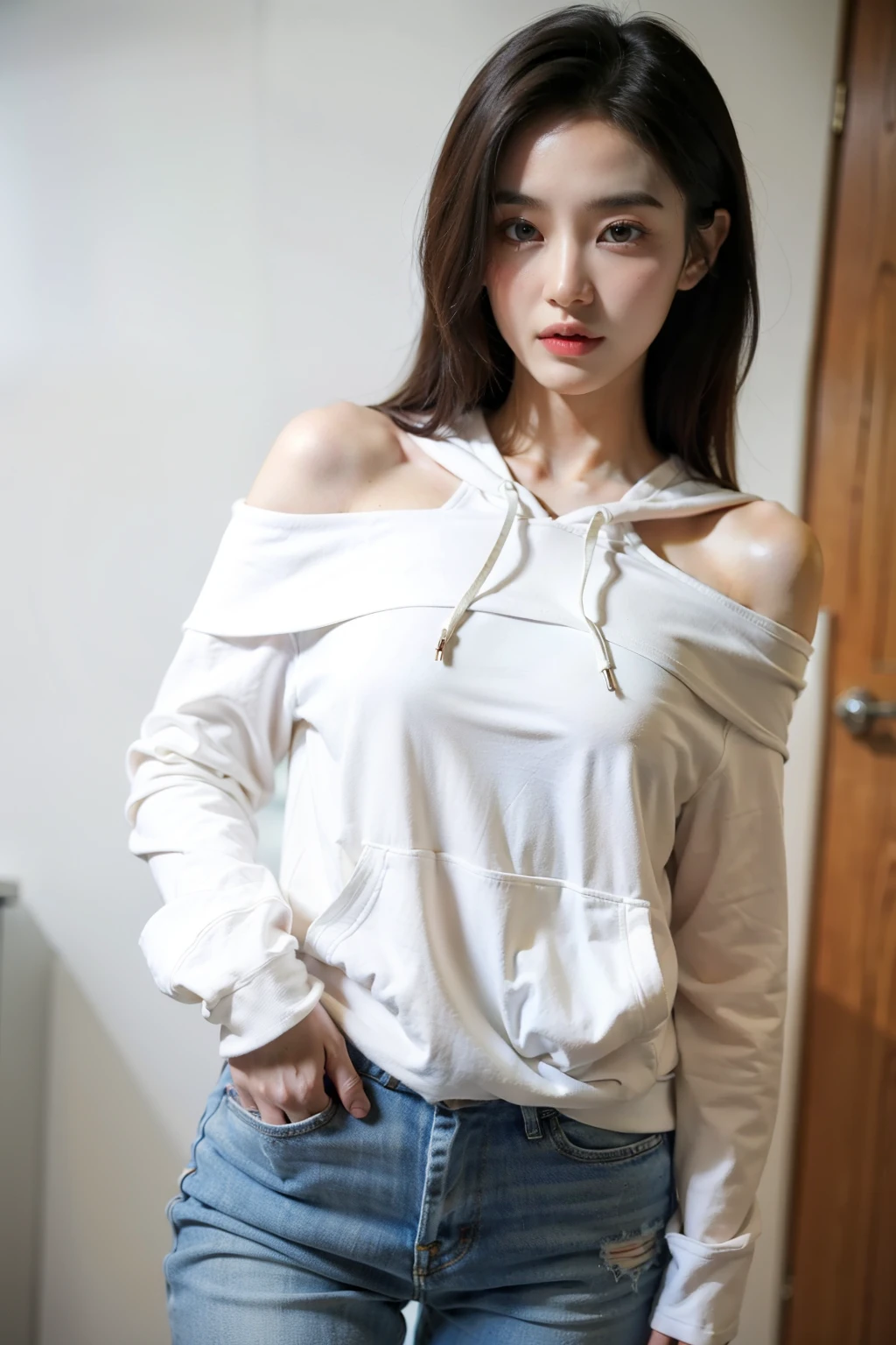 ((best quality)), ((masterpiece)), (detailed), Yang Mi, Off-the-shoulder hoodie,