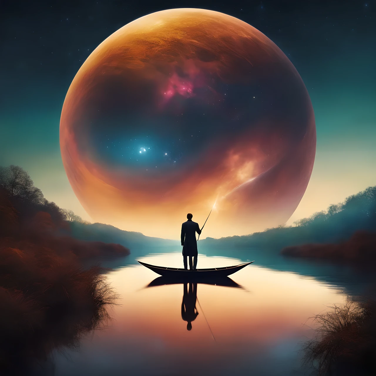 Novel cover,A man floats on a river that reflects the shadow of space.