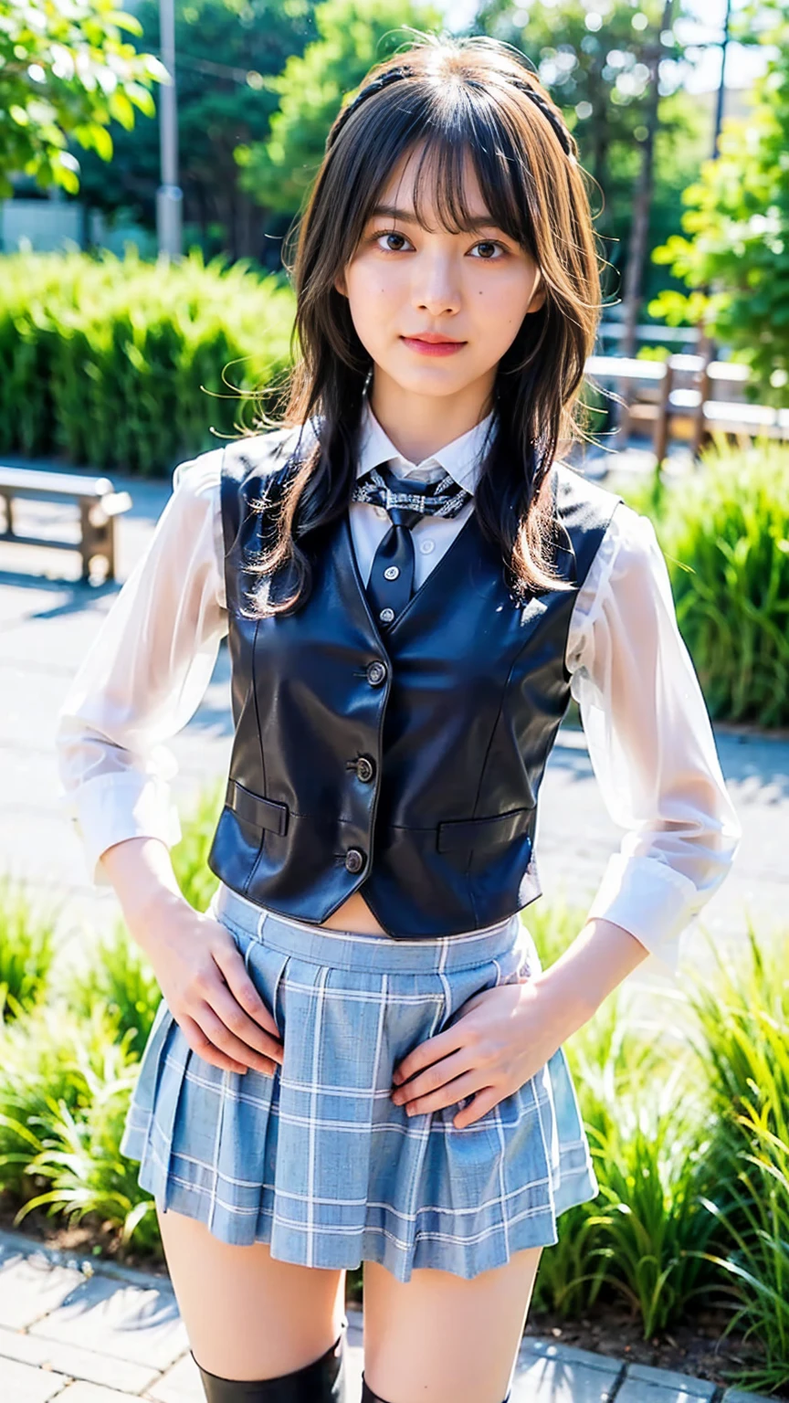 (8k、RAW Photos、Highest quality、masterpiece:1.2)、(Realistic、Realistic)、1 Girl、((See-through、Idol Costume、Exposed Skin、ribbon、Leather vest、Light blue and black checked mini skirt、Frilledium Hair、smile、whole body、boots、garden、View from the front、Looking at the camera、Hands on your hips))、cute