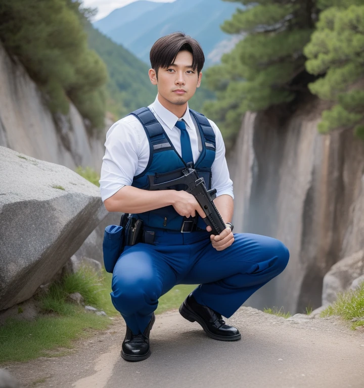 30 years old,One Man,Japanese policemen,Cliff in the mountains、Squat with your legs wide apart、Hold a gun,logic,Gay ,Short Hair、Stubble,Handsome、Fighting spirit、The crotch area is bulging。