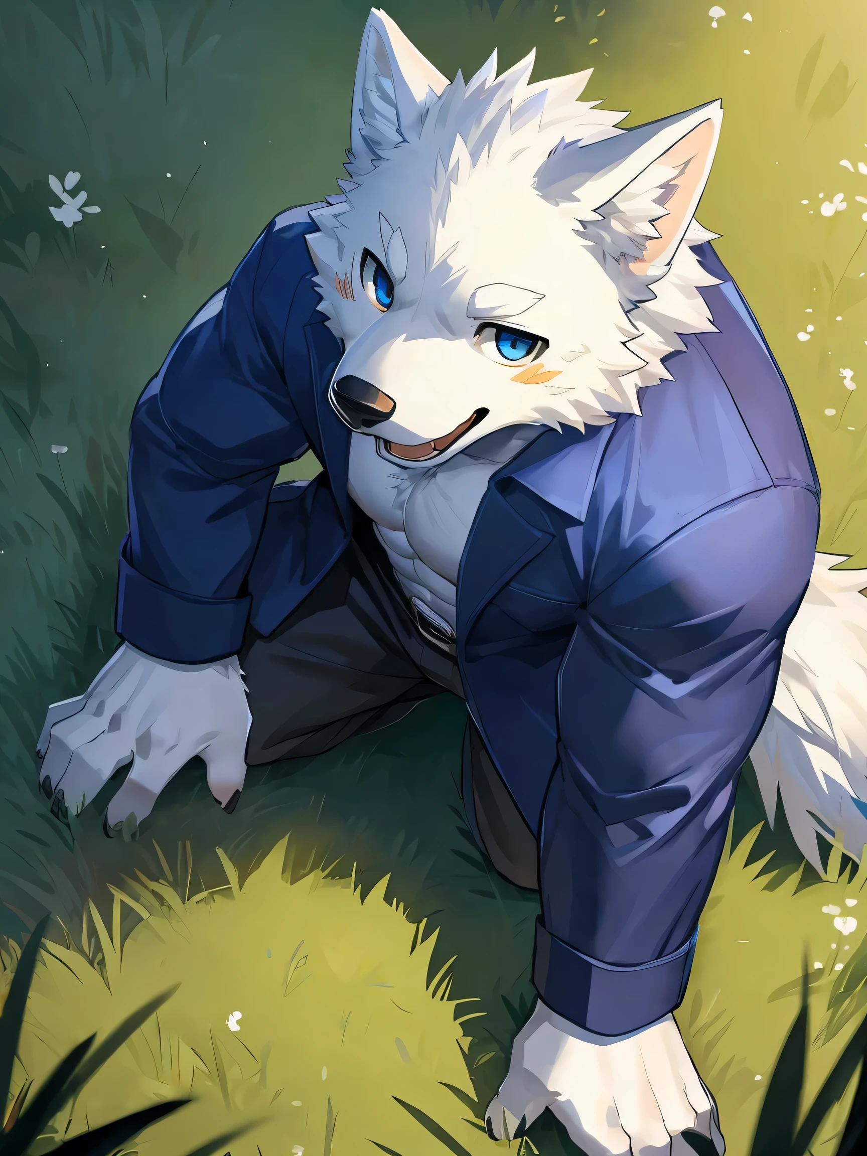 Embed:individual, (White Wolf), White fur, Two-color, Blue eyes, (Muscular body:1.05), Perfect eyes, Handsome, OK,(Sky blue long coat),(White short sleeve),(on the grass),(Express), Grassland background,(close up),(happy eyes:1.2),Look at the screen,(Wolf tail),Perfect masterpiece,(16K),solitary,(Strong),(Grassland background),Perfect proportion,front,Smile,(Watching you:1.4),(Open your mouth slightly，pant:1.1),(Close Range:1.2)Strong,muscle,more details,CG,Highest quality scene detail，The best hands, Best quality eyes，Fine fur，Exquisite eyes.Ultimate image quality，From Sollyz,From zixiong,From milkytiger1145