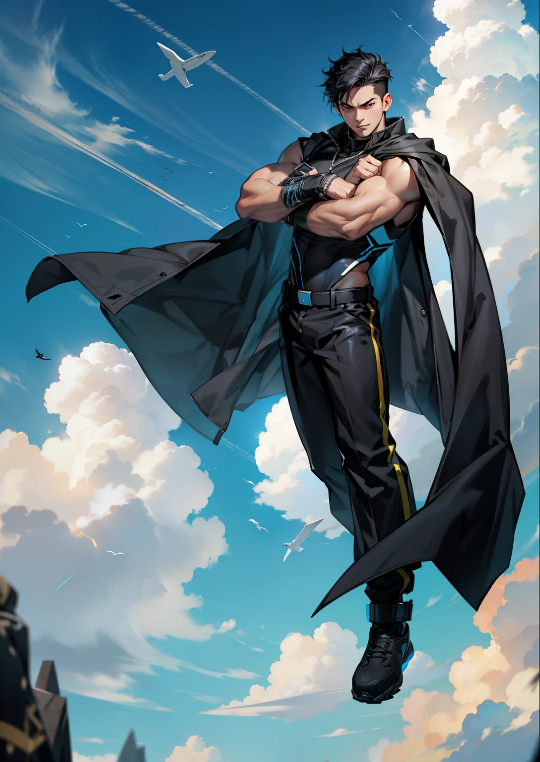 boys 26 Years old, Serious face, ((black singlets)), black pants, black hair, floating on air, levitate on sky, blue sky, cloud