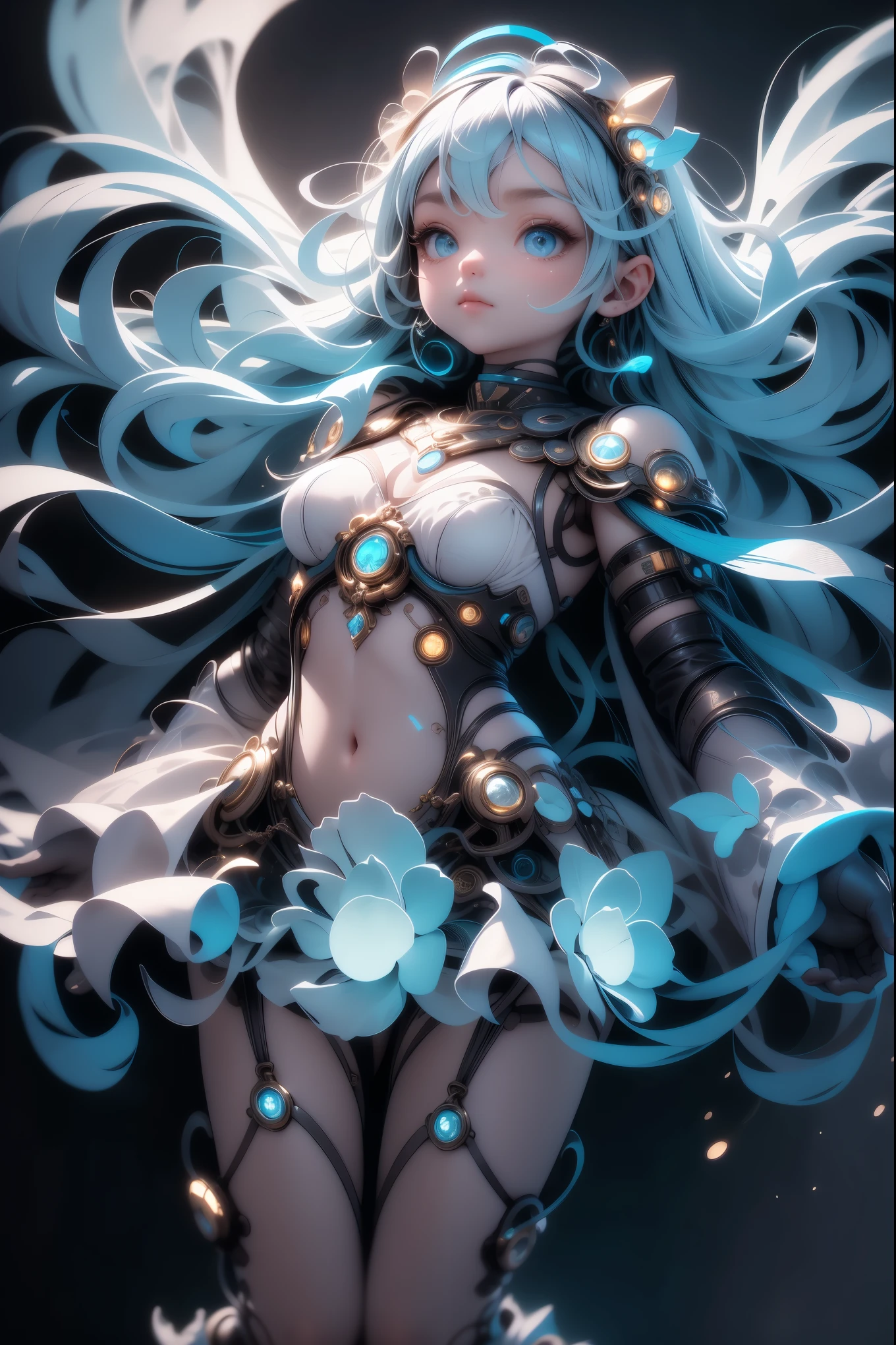 RAW Photos, Realistic, Ultra-realistic, celestial angel girl, large transparent glowing blue glass wings, spreading wide, simple dress, floating in the night sky, beautiful stars and moon, bright blue city lights below, looking up, viewed from above, all elements glowing blue, world-class illustration, award-winning, fantasy illustration, vivid hues, detailed and soft lighting, Highest quality, masterpiece, Ultra-high resolution, 8K