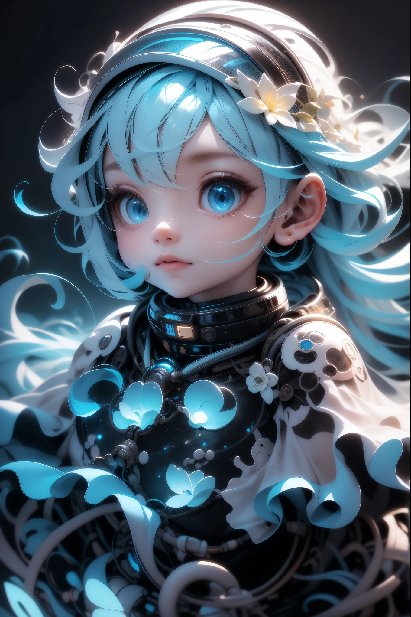 RAW Photos, Realistic, Ultra-realistic, celestial angel girl, large transparent glowing blue glass wings, spreading wide, simple dress, floating in the night sky, beautiful stars and moon, bright blue city lights below, looking up, viewed from above, all elements glowing blue, world-class illustration, award-winning, fantasy illustration, vivid hues, detailed and soft lighting, Highest quality, masterpiece, Ultra-high resolution, 8K