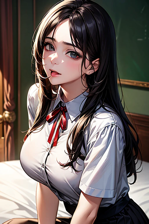 ((Highest quality)),(超High resolution),(Very detailed),(Detailed Description),((The best CG)),(masterpiece),Ultra-detailed art、(Highest quality、8k、32K、masterpiece)、(Realistic)、(Realistic:1.2)、(High resolution)、Very detailed、Very beautiful face and eyes、1 female、Tight waist、Big Breasts、Delicate body、(Highest quality、Attention to detail、Rich skin detail)、(Highest quality、8k、Oil paints:1.2)、Very detailed、(Realistic、Realistic:1.37)、Bright colorasterpiece, Highest quality, Source Anime, 1 female、1 male、Hetero、(Let your tongue crawl on the ?????:1.2)、Place your penis on your tongue、(Tilt your head:1.2)、Oral、(Licking the testicles:1.2)、(Putting a penis on your face:1.2)、
15 years old、、(Big Breasts:1.2)、(Black Hair:1.2)、(Medium Long:1.2)、(Hair between the eyes:1)、(Straight Hair:1.1)、Grey Eyes、Ultra-detailed eyes、(Tareme:1.3)、Saliva marks、Droopy eyes、Half an eye、Open your mouth、Long Tongue、Heavy breathing、blush、Staring at the audience、look up、
(school uniform)、(White collar shirt、Plain Shirt、Short sleeve、Tuck-in shirt:1)、(Red plain pattern thin neck ribbon:1.1)、(Button gap:1)、
Bedroom、