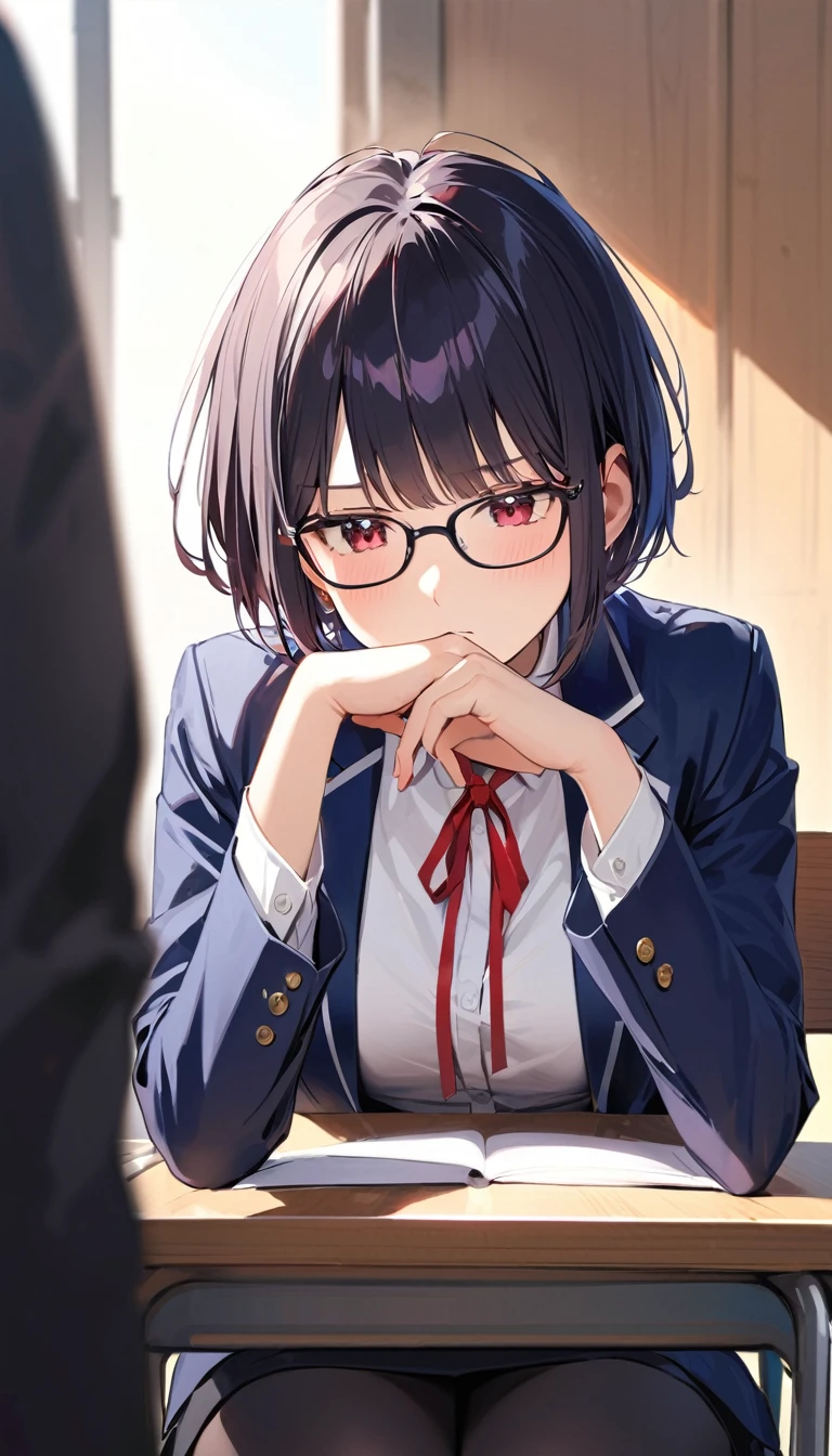 A high school girl with black short bob hair, Glasses,Red ribbon,wearing a navy blazer ,Worry