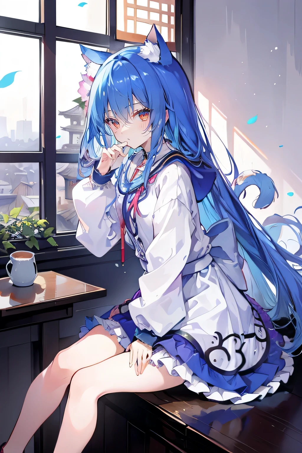 (Masterpiece:1.2),Ultra-detailed,lifelike,The eyes are expressive,Fair skin,Perfect face shape,1 girl,
Japanese Manga,Gorgeous blue hair,Flowing blue hair,Flowing clothes,Cat ears,Petals falling,Beautiful Lola,little angel,
Cross your legs,Gentle and peaceful background,Smile,Wearing a sweatshirt,Tokyo background,background,heavy snow,冬天 on window sill drinking coffee and looking out the window