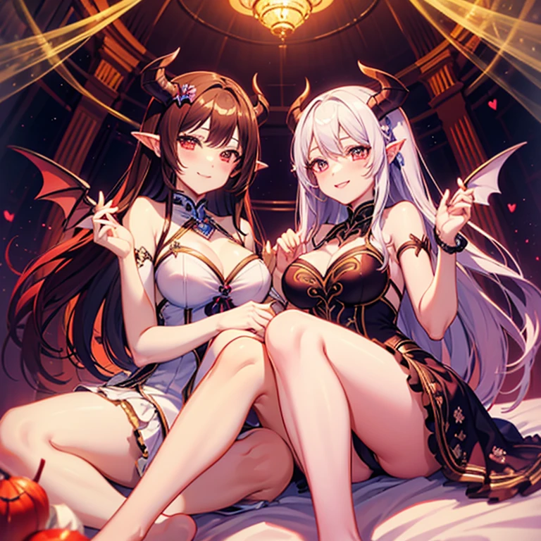 Succubus(twins) Seductive Pose Sexy Body Attractive face Heart symbol Cute Smile An eye is a heart Attraction Magic Angle from below Posing while sitting on the bed short hair big Sweets room background Cute Dresses Sitting pose Posing while hugging each other