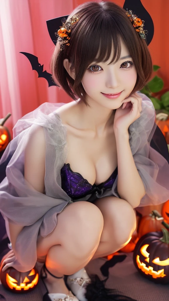 (correct human body structure,sitting,squat,separated only two legs:2.0),(a 22 year old japanese girl, ultra slender,slim legs,detailed cutie face, beautiful detailed eyes, detailed dropped eyes, beautiful charming smile, extremely detailed face,short hair,anime style, halloween party:2.0), colorful lights, pumpkin decorations, haunted house, best quality, 4k, highres, masterpiece, realistic, photorealistic, photo-realistic, vivid colors, intricate details, fantasy, soft lighting, magical