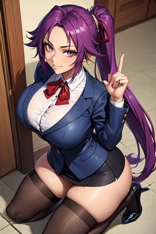 Super-detailed, 8k HD, Yoruichi Shihouin, 1 girl, solo, mature, beautiful and detailed face, detailed hand, long pony tail purple hair, slender hips, thick thighs, huge and droopy breast, huge round ass, black office suit and mini skirt, cravat, fishnet thigh high stocking, in the hallway, smile erotically, kneeling on the floor in front of the viewer, look up, facing viewer, point of view from above