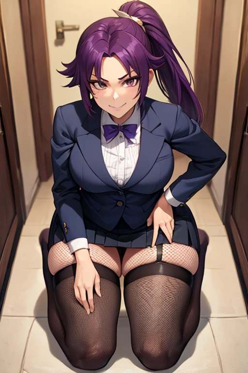 Super-detailed, 8k HD, Yoruichi Shihouin, 1 girl, solo, mature, beautiful and detailed face, detailed hand, long pony tail purple hair, slender hips, thick thighs, huge and droopy breast, huge round ass, black office suit and mini skirt, cravat, fishnet thigh high stocking, in the hallway, smile erotically, kneeling on the floor in front of the viewer, look up, facing viewer, point of view from above