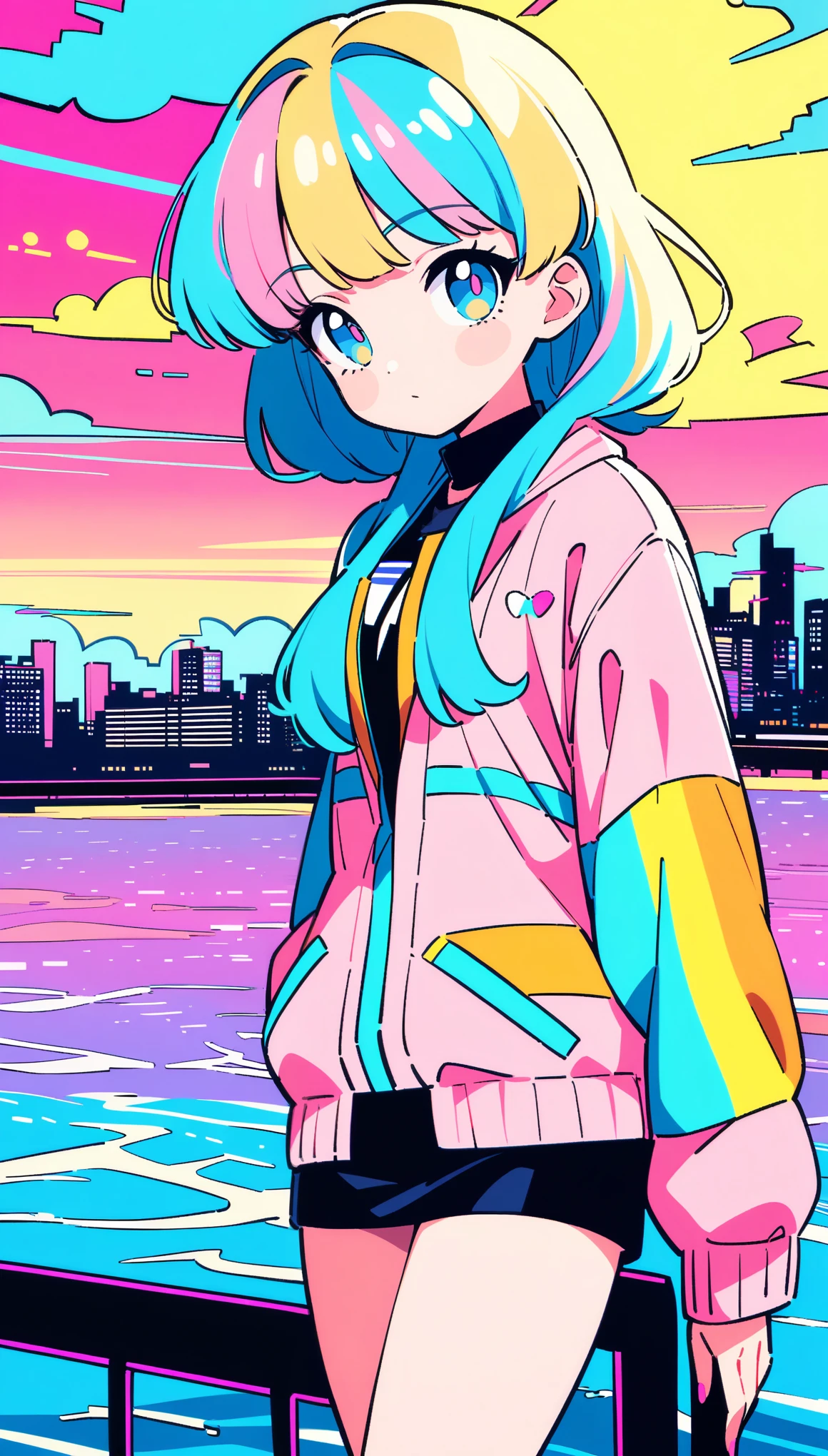 masterpiece, Highest quality, Beautiful attention to detail, Very detailed, In detail, High resolution, Perfect Anatomy, colorful, pastel colour, One Girl, alone, (City pop illustrations), (City Pop Art), Simple Background, Retro Style, (Vaporwave City Pop), (1980s City Pop), (City Pop Anime), (river, bridge), Retro Style, 1980s Fashion, Cowboy Shot,