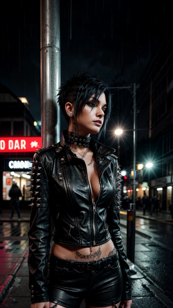 sexy punk rocker girl with black spiky hair dressed in black bondage leather leans against a bus stop at night in the rain on a deserted city street