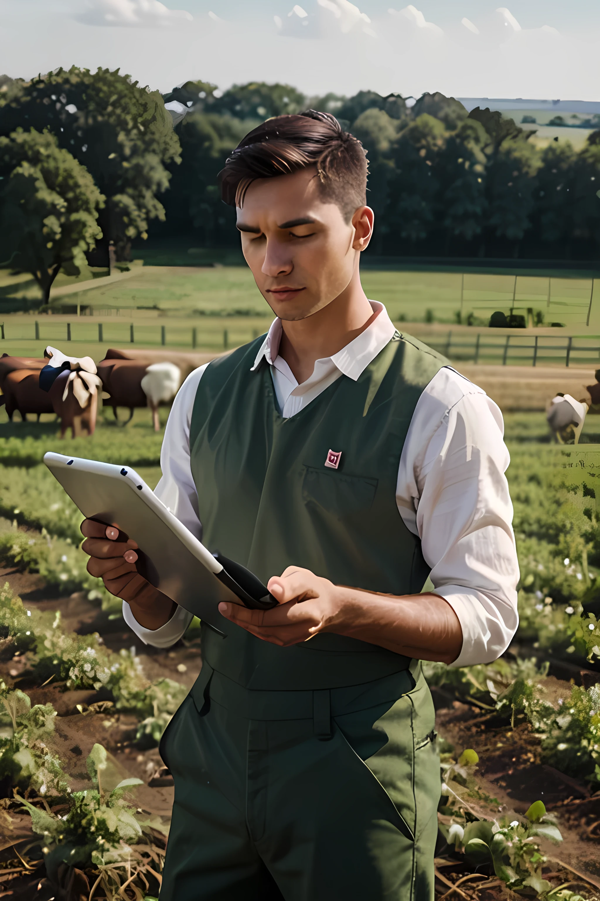Medium shot man holding tablet in farm and bg animal in farm