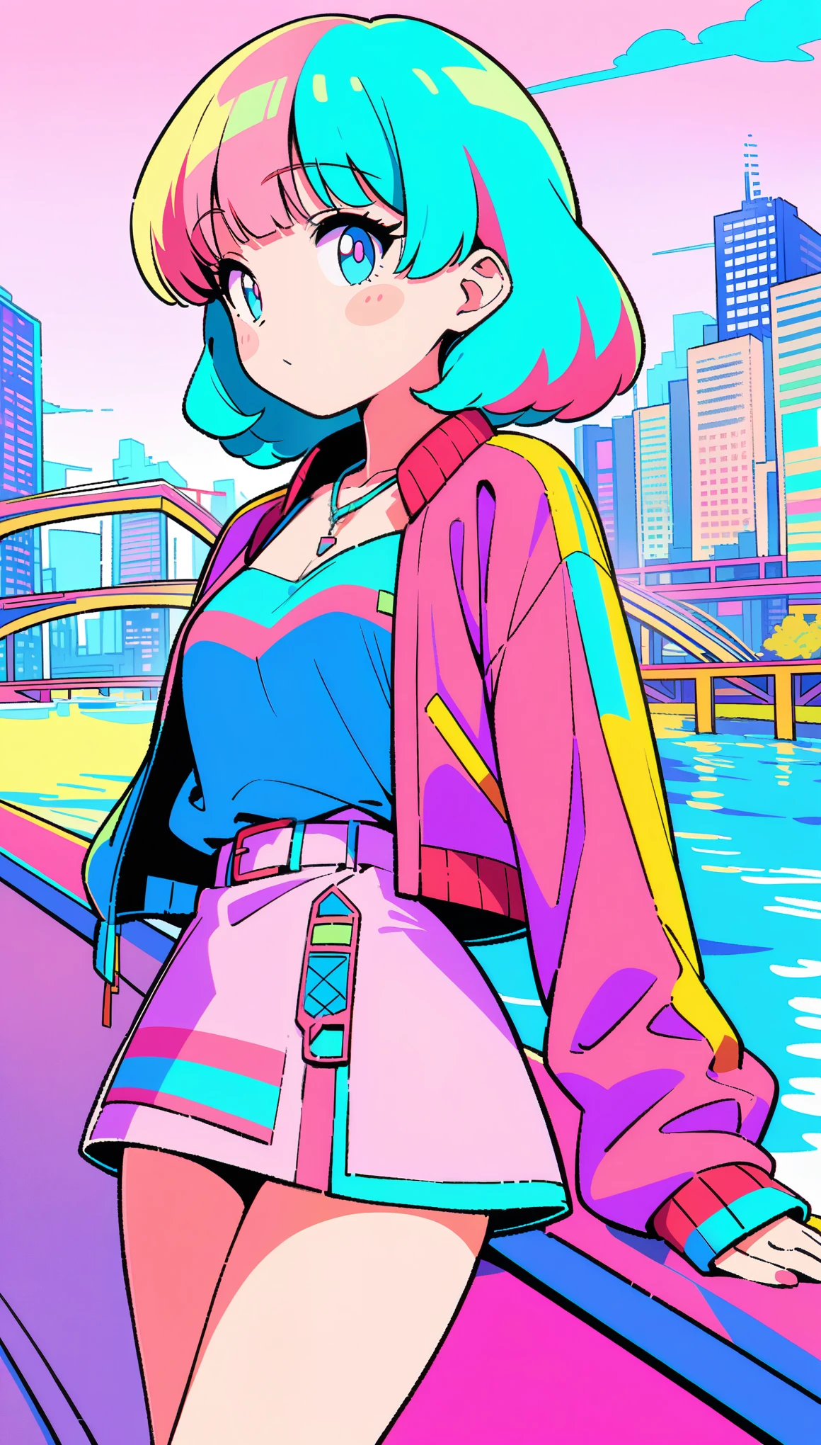masterpiece, Highest quality, Beautiful attention to detail, Very detailed, In detail, High resolution, Perfect Anatomy, colorful, pastel colour, One Girl, alone, (City pop illustrations), (City Pop Art), Simple Background, Retro Style, (Vaporwave City Pop), (1980s City Pop), (City Pop Anime), (river, bridge), Retro Style, 1980s Fashion, Cowboy Shot,