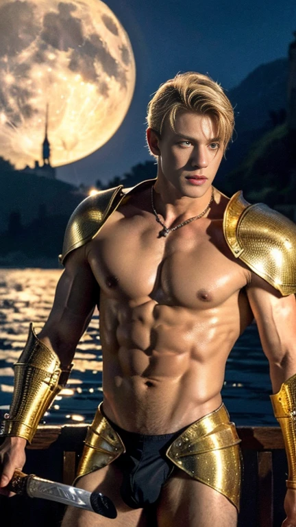 super high resolution, best quality, photo, 4k, (photorealistic: 1.4), cinematic lighting, handsome blonde ukrainian bodybuilder boy, blue eyes, full naked male angel with large translucent wings, expose the penis, huge penis, errected, shirtless naked muscular man, abdominal muscles dressed in medieval gold armor, detailed feathers, men angel with large translucent wings, muscular , he is holding agolden sword , abdominal muscles clad in medieval gold armor, detailed feathers, on the beach background( huge boat behinde), night time , big moon, contrasts, smooth skin, soft hands, correct anatomy, five fingers. focus on the penis, big ass