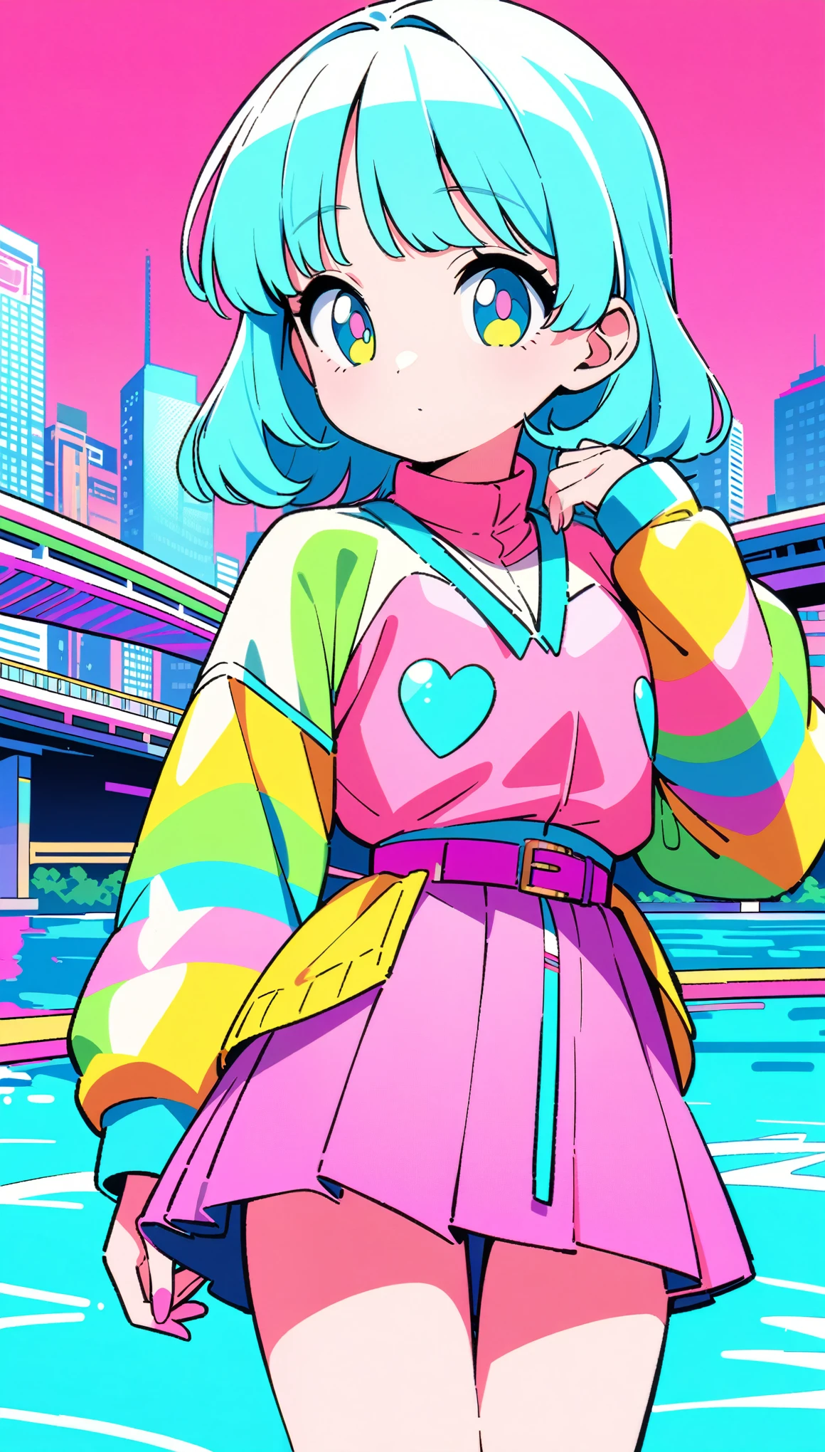 masterpiece, Highest quality, Beautiful attention to detail, Very detailed, In detail, High resolution, Perfect Anatomy, colorful, pastel colour, One Girl, alone, (City pop illustrations), (City Pop Art), Simple Background, Retro Style, (Vaporwave City Pop), (1980s City Pop), (City Pop Anime), (river, bridge), Retro Style, 1980s Fashion, Cowboy Shot,